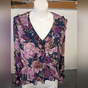 Navy Blue With Purple Floral Ruffle V-Neck Elastic Waist Blouse Size S NWT